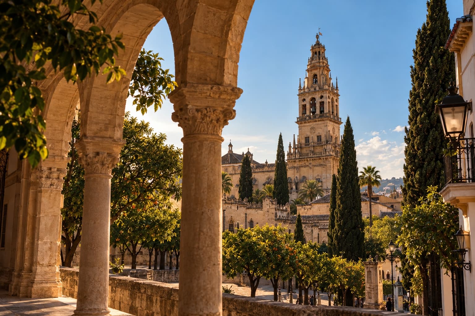 Stone arches and orange trees framing Córdoba's bell tower