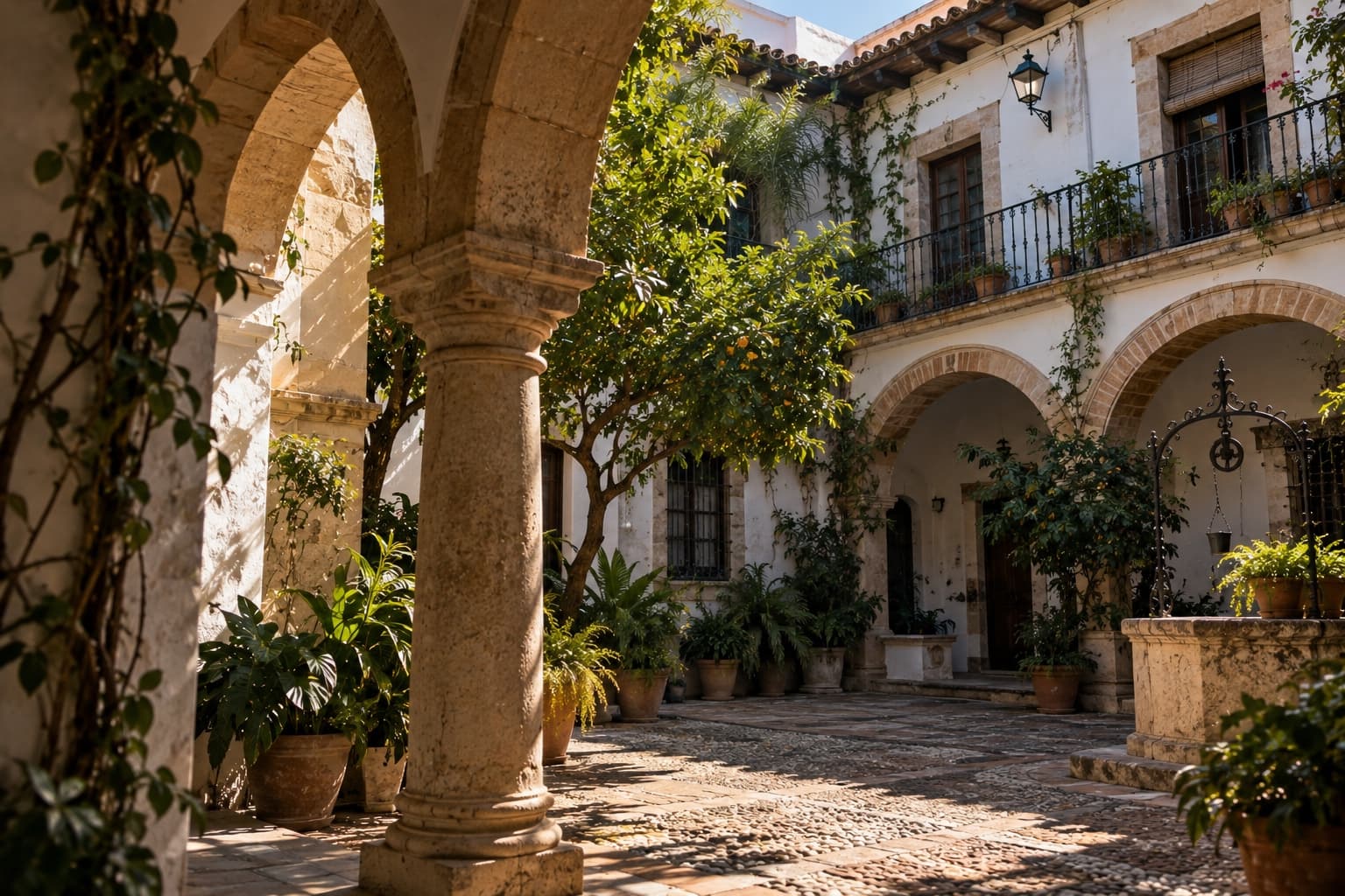 A Córdoba courtyard with arches, columns and potted plants