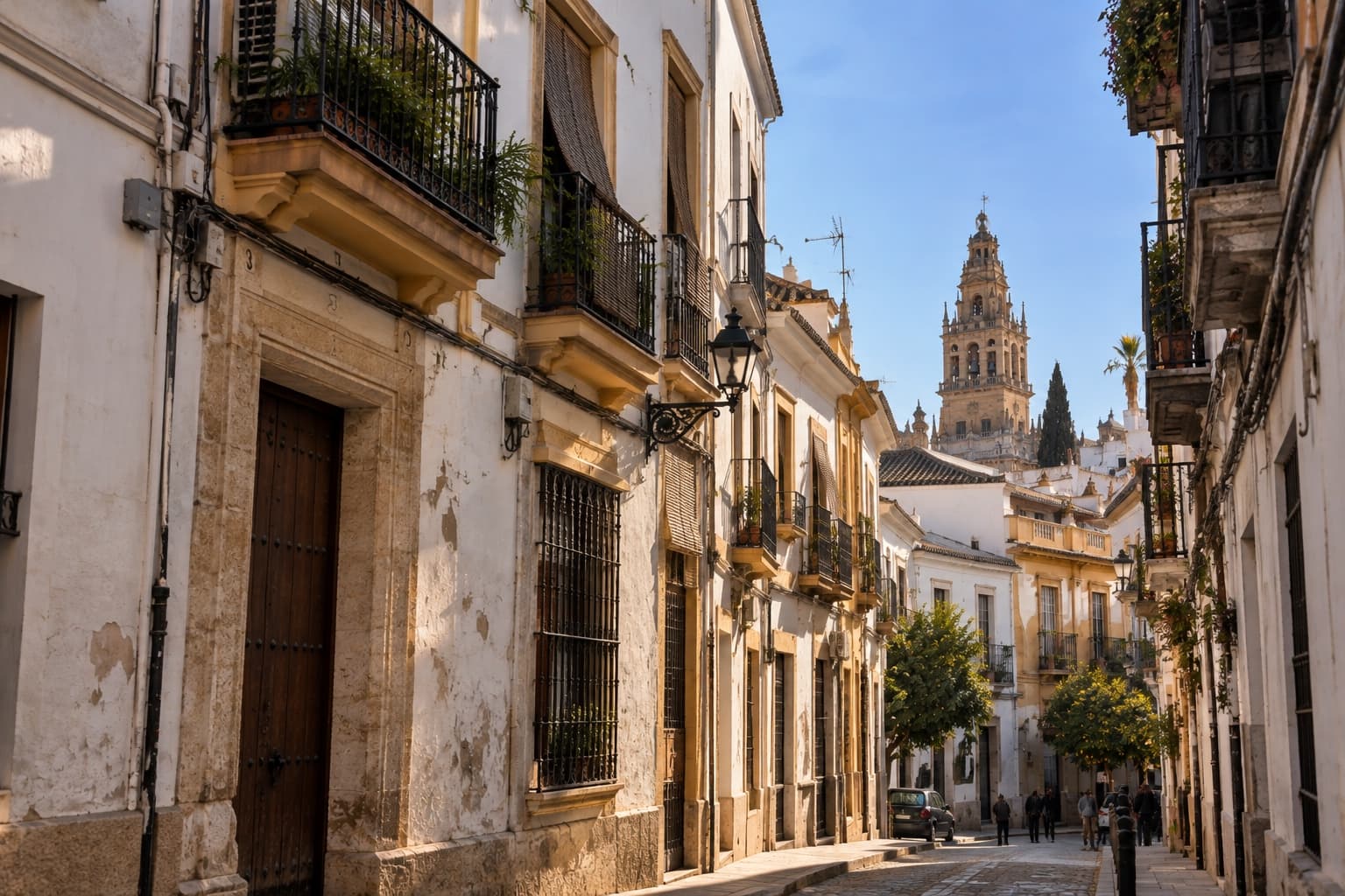 Whitewashed street with iron balconies and the tower beyond