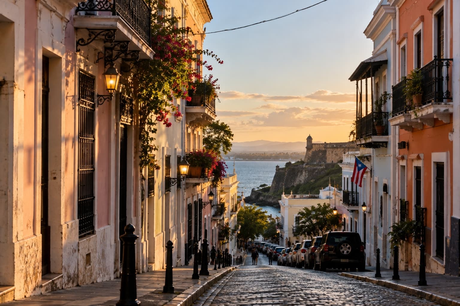 An Old San Juan street descending toward the sea and the fort
