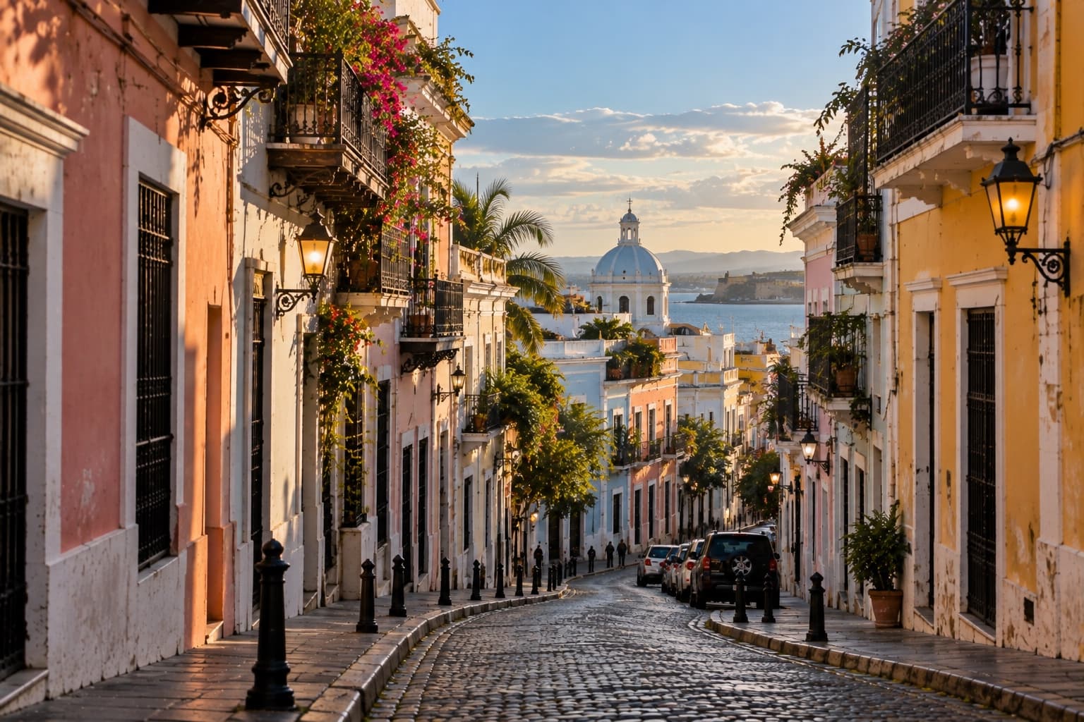 A pastel street with balconies and a dome above the sea